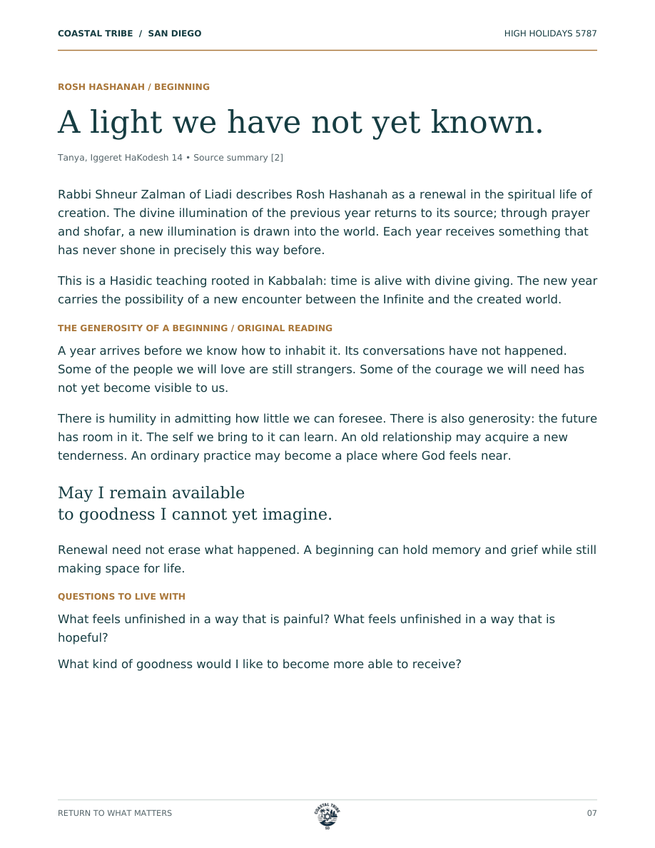 Sample reading: A light we have not yet known, with a reflection and questions for Rosh Hashanah