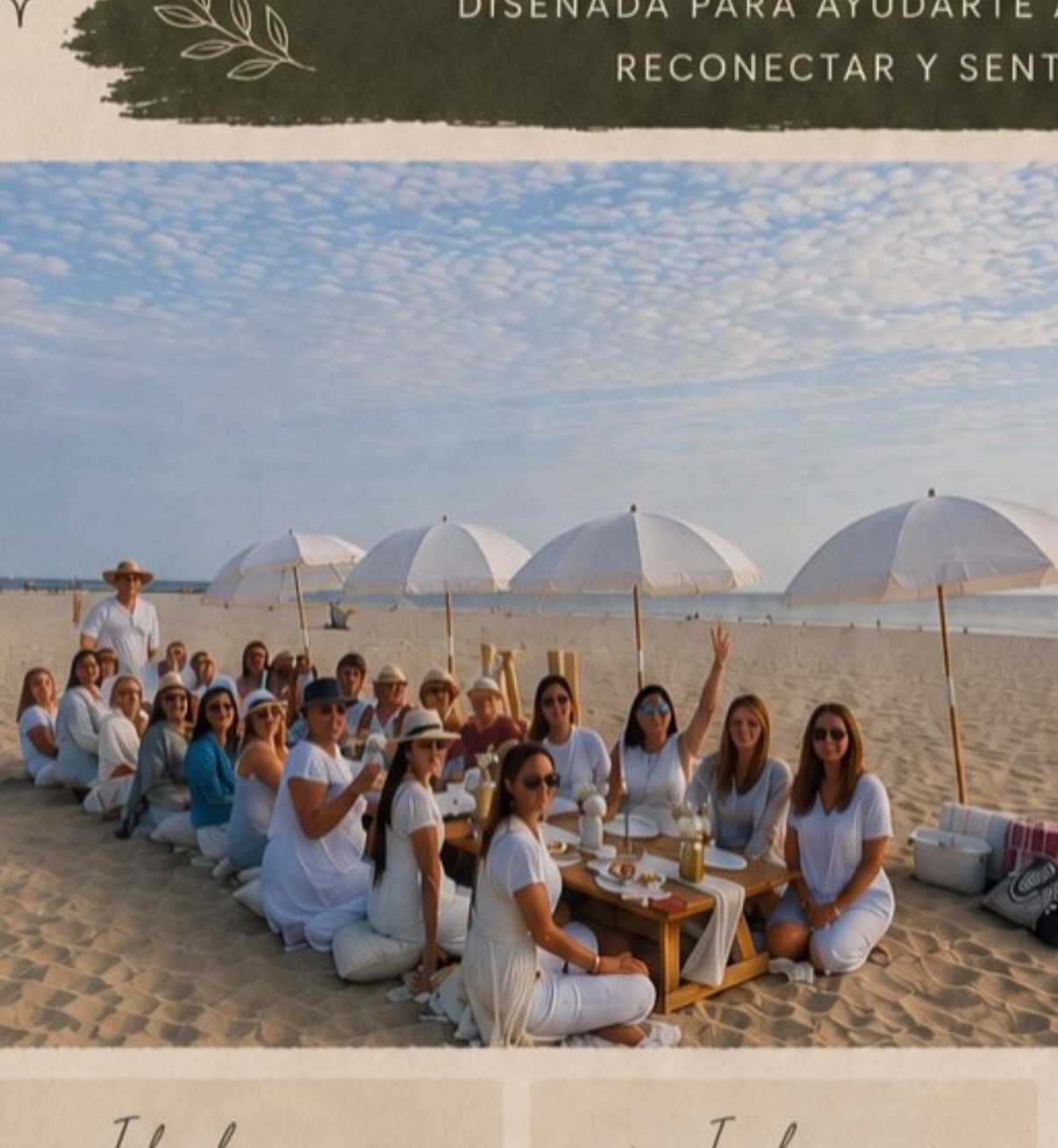 Inspiration for our Shabbat: a long table on the sand beneath white beach umbrellas